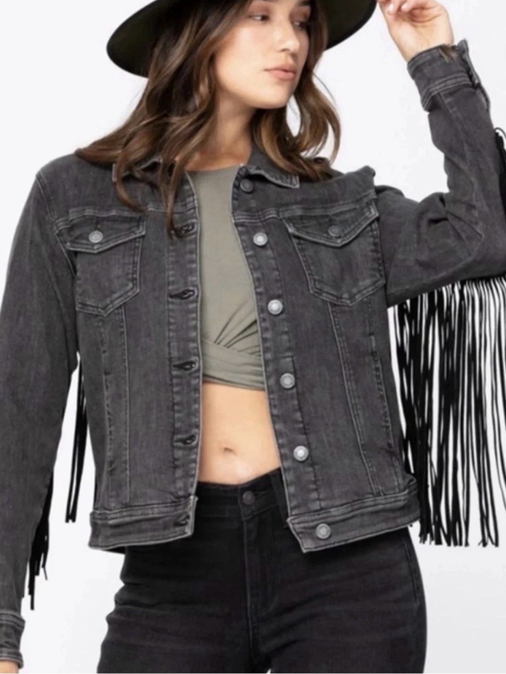 NWT Judy Blue Black Fringe Denim Jacket 3XL Western Cowgirl Concert Stretch